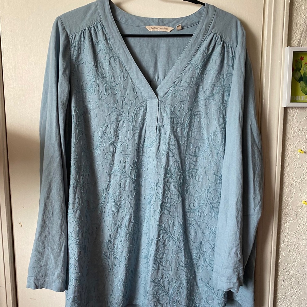Soft Surroundings Embroidered Tunic Top Long Sleeve V Neck Blue Size L